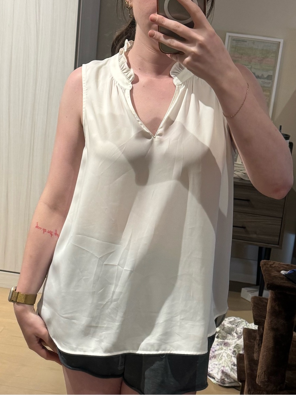 Jade Cream Ruffled V-Neck Sleeveless Blouse